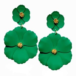 Green Double Flower Blossom Statement Earrings Big Floral Bloom Emerald Flowers